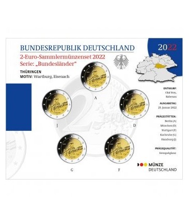 5 x 2 euro Alemania 2022 Universal Brillo BU - Castillo de Wartburg € 26.99