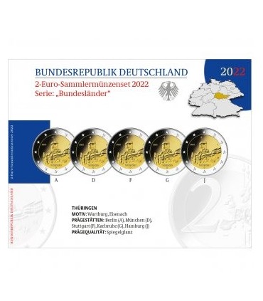 5 x 2 euro Germania 2022 Fine Proof BE - Castello di Wartburg  38,99 €