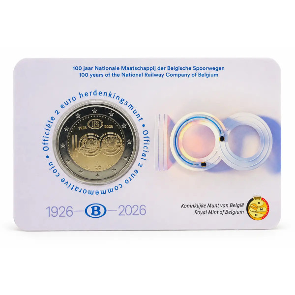 Coincard Flamenga de 2 euros da Bélgica 2026 – 100.º aniversário da SNCB