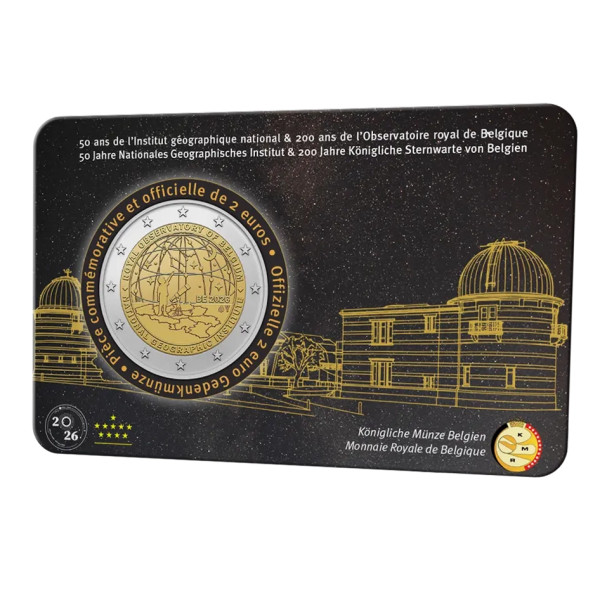 Coincard francesa de 2 euros de Bélgica 2026: 50.º aniversario del IGN y 200.º aniversario del Observatorio Real de Bélgica  ...