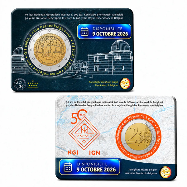 Flemish 2-Euro Coincard, Belgium 2026 — 50th Anniversary of the IGN and 200th Anniversary of the Royal Observatory of Belgium...