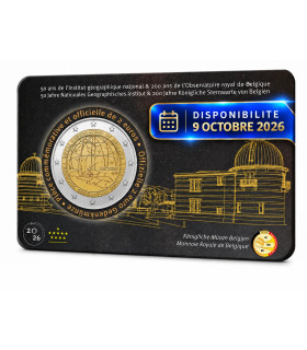 Coincard francesa de 2 euros de Bélgica 2026: 50.º aniversario del IGN y 200.º aniversario del Observatorio Real de Bélgica  ...