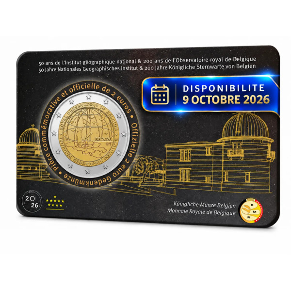French 2-Euro Coincard, Belgium 2026 — 50th Anniversary of the IGN and 200th Anniversary of the Royal Observatory of Belgium ...