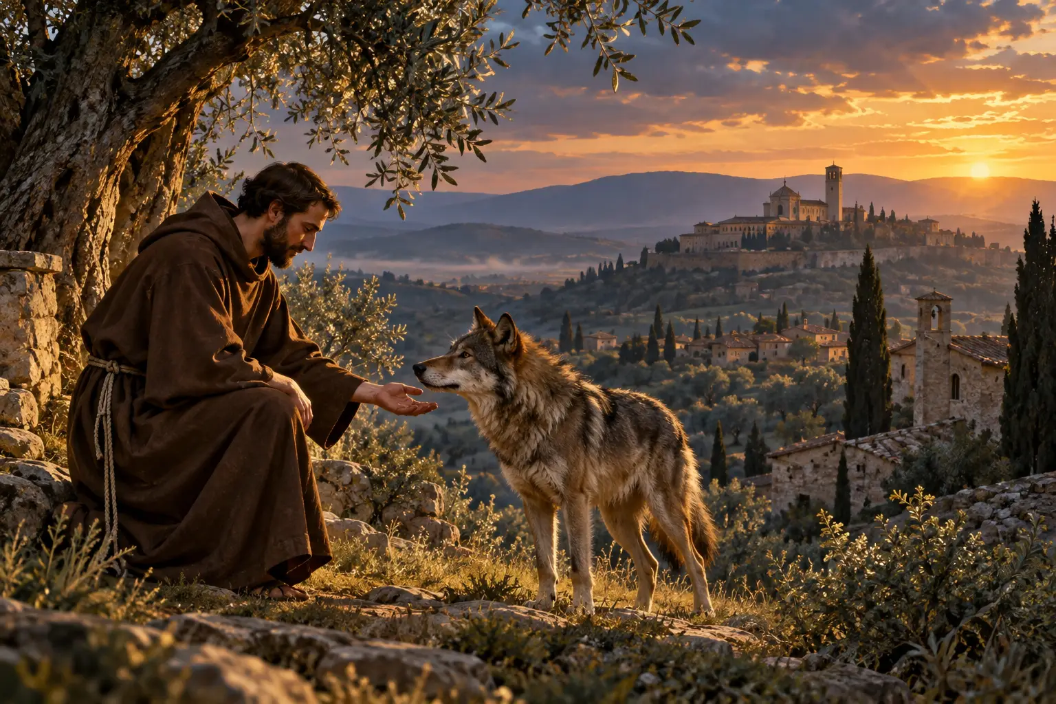 Illustration de saint François d’Assise tendant la main vers le loup de Gubbio.